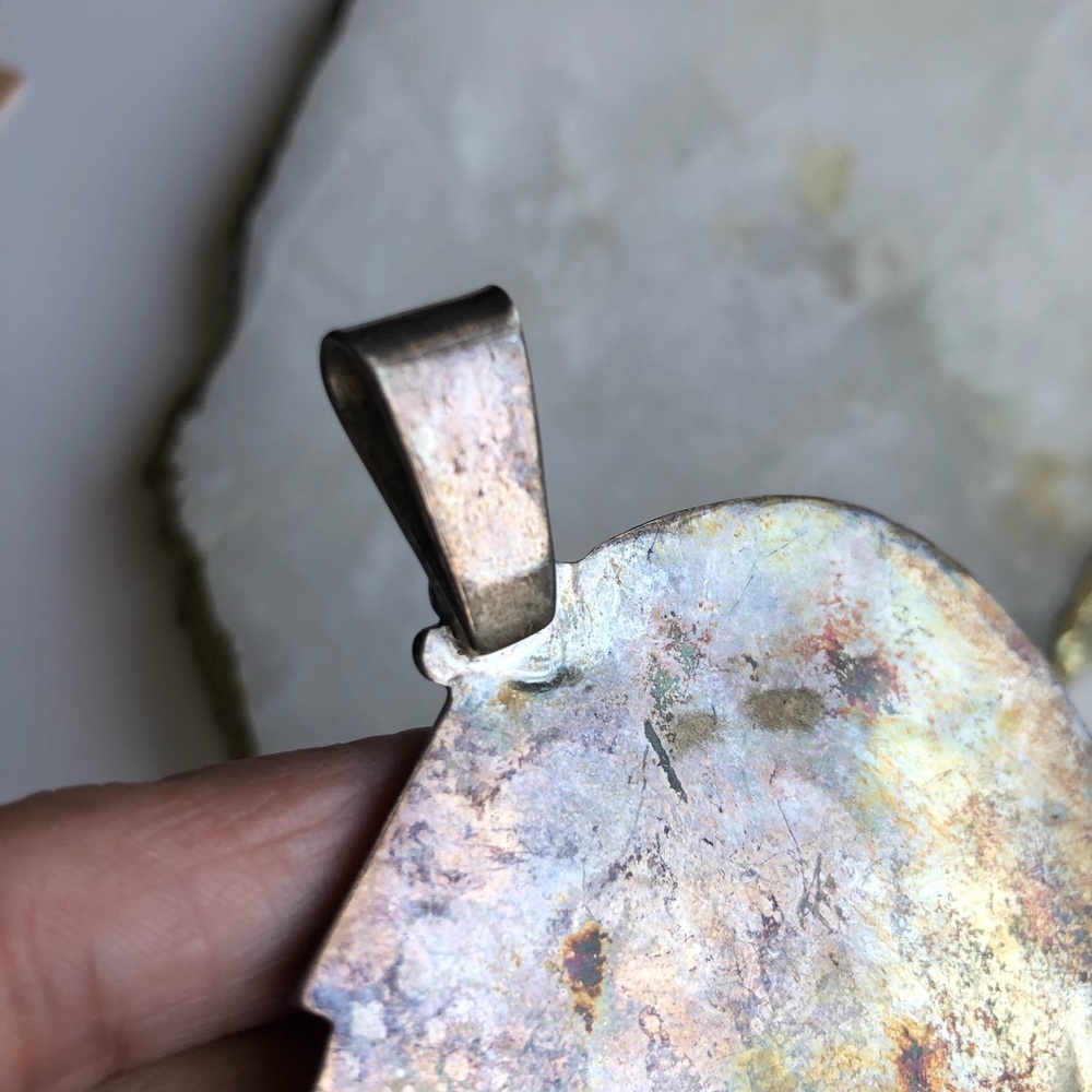 Vintage Native American Signed Navaho Sterling Silver Turquoise Nugget Pendant - Picture 9 of 11